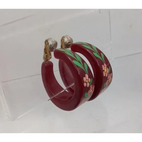 Vintage Lucite Clip-on Hoop Earrings Red Rust Hand Painted Pink Floral - Picture 3 of 5